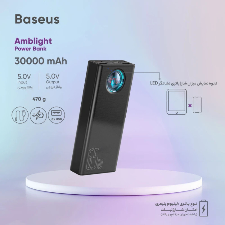 پاوربانک 65 وات باسئوس مدل Amblight ظرفیت 30000 میلی آمپر ساعت سفید
